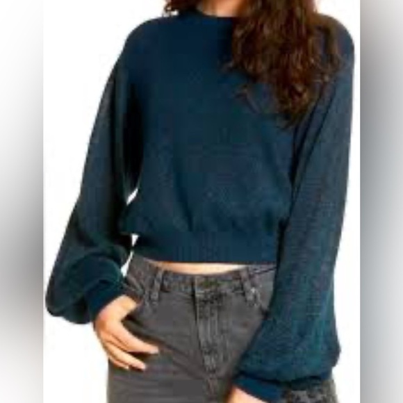Free People Let It Shine Sweater Metallic Knit Cropped Balloon Sleeves Sz Small - Picture 3 of 11